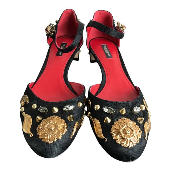 Dolce & Gabbana Ankle Strap Shoe Women US10 EU40 Black Embellished Gold Floral - Picture 1 of 10